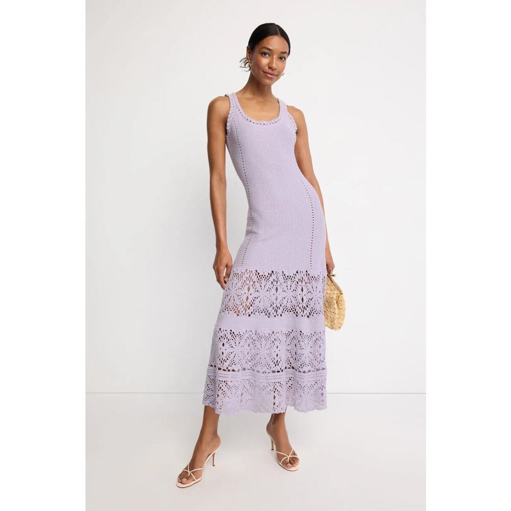 Adam Lippes Crochet Knit Dress Sleeveless Scoop Neck Midi Relaxed Fit Purple S